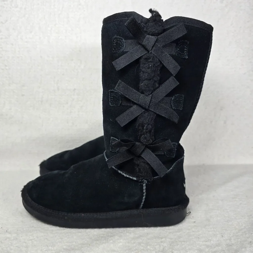 Koolaburra By Ugg Victoria Girls Size 3 Black Suede Fur Lined With Bows #1090330